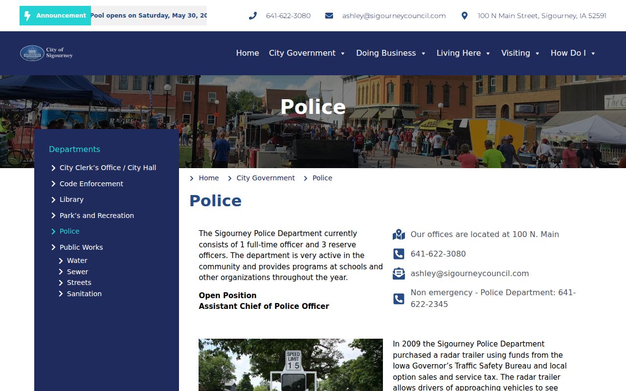 Official Sigourney Police Department contact and scam warning page